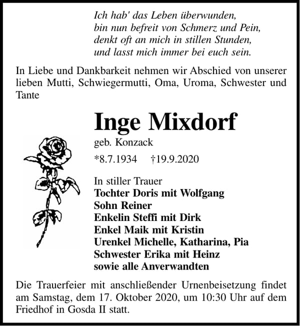 Traueranzeige Inge Mixdorf, geb. Konzack
