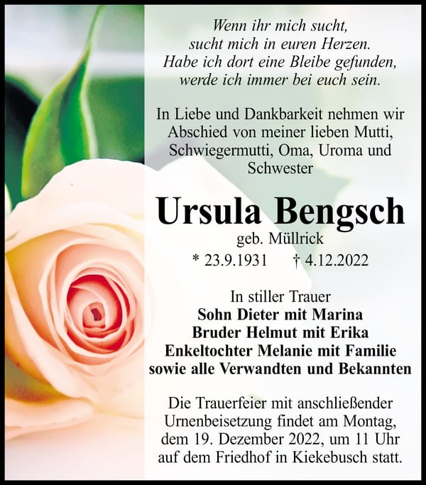 Traueranzeige Ursula Bengsch, geb. Müllrick