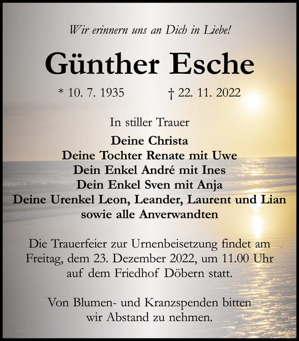 Traueranzeige Günther Esche