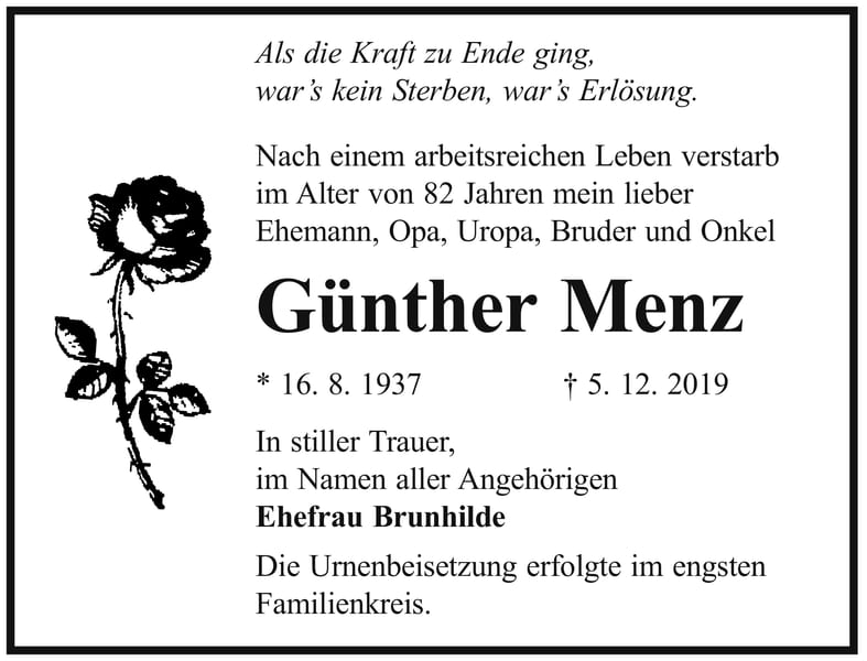 Traueranzeige Günther Menz
