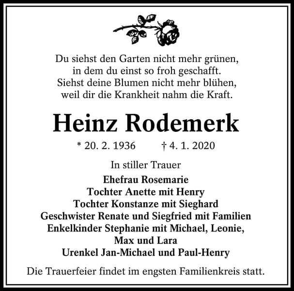 Traueranzeige Heinz Rodemerk