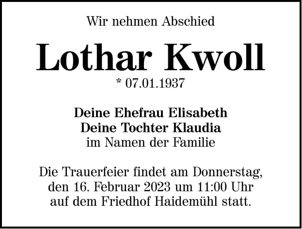Traueranzeige Lothar Kwoll