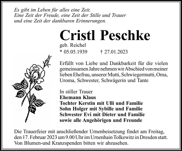 Traueranzeige Cristl Peschke, geb. Reichel
