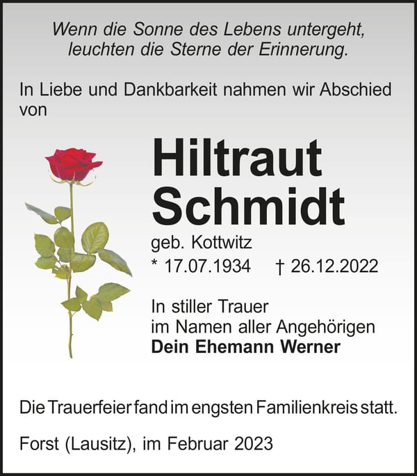 Traueranzeige Hiltraut Schmidt, geb. Kottwitz
