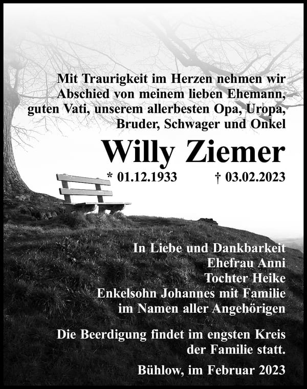 Traueranzeige Willy Ziemer