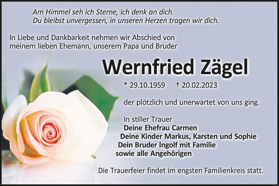 Traueranzeige Wernfried Zägel