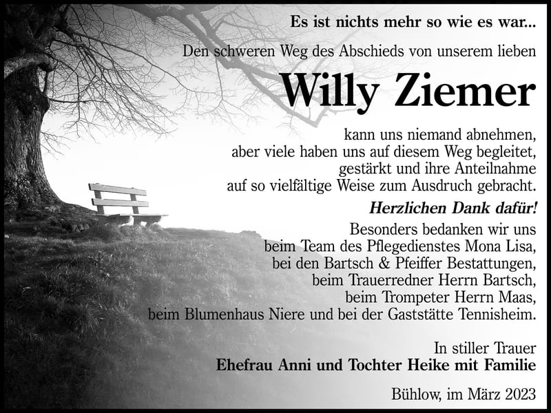 Danksagung Willy Ziemer