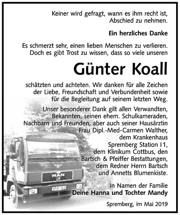 Danksagung Günter Koall