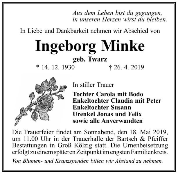 Traueranzeige Ingeborg Minke, geb. Twarz