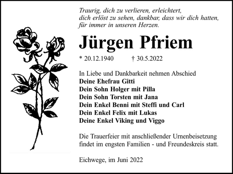 Traueranzeige Jürgen Pfriem