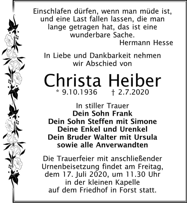 Traueranzeige Christa Heiber
