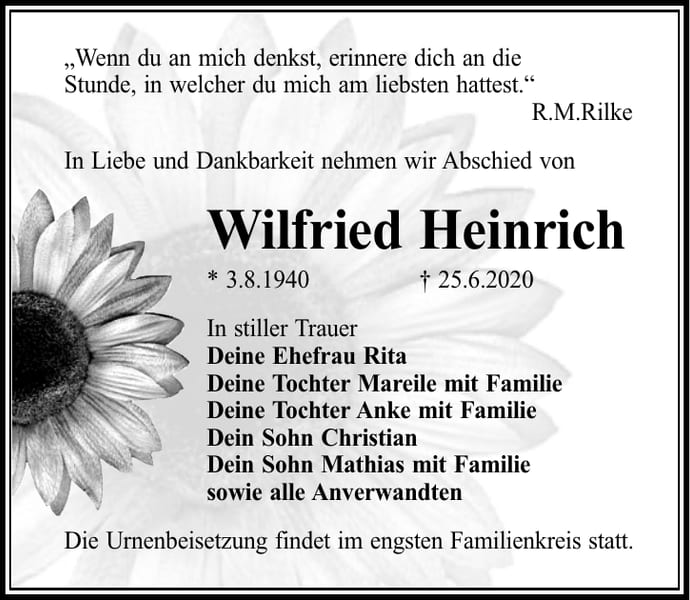 Traueranzeige Wilfried Heinrich