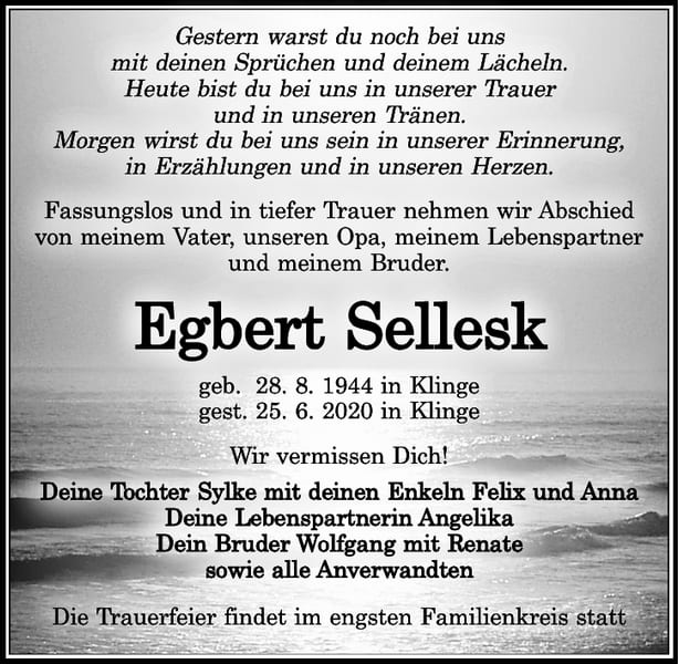 Traueranzeige Egbert Sellesk