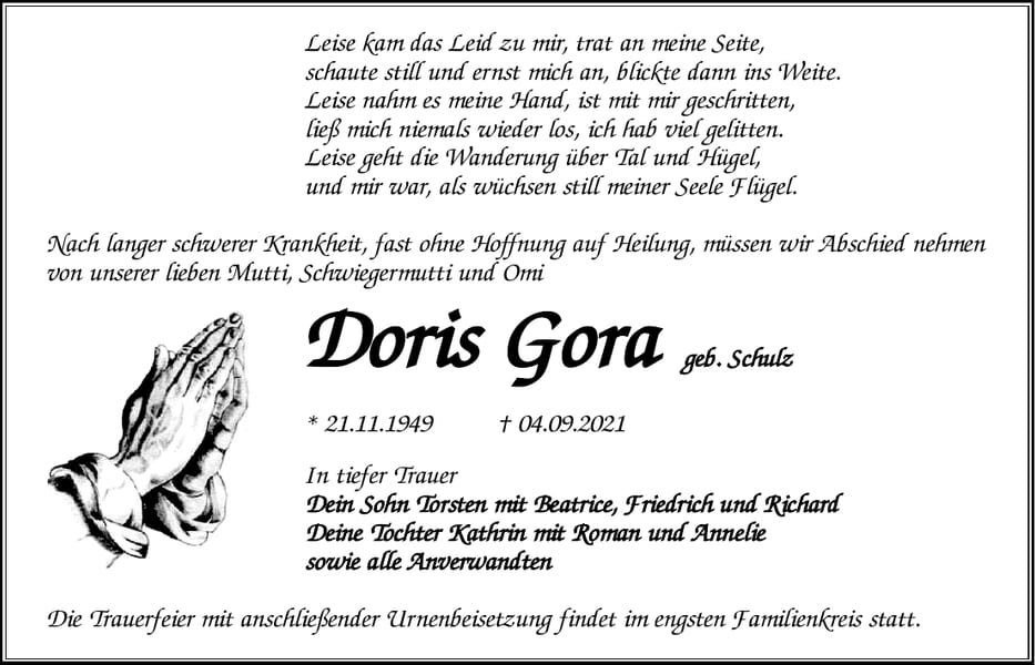Traueranzeige Doris Gora, geb. Schulz