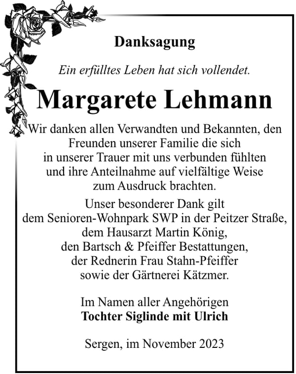 Danksagung Margarete Lehmann