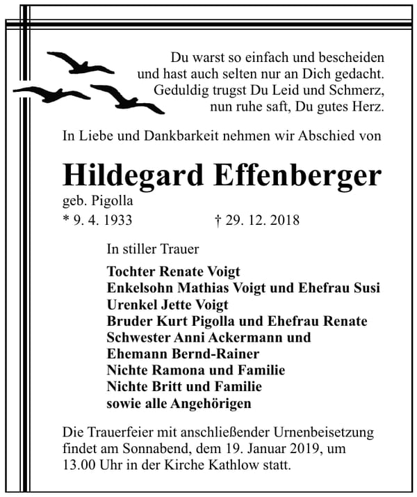 Traueranzeige Hildegard Effenberger, geb. Pigolla