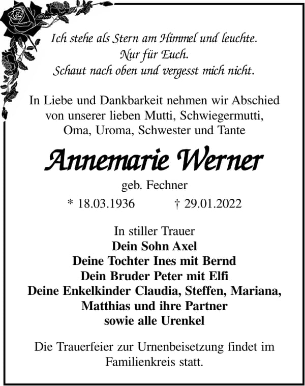 Traueranzeige Annemarie Werner, geb. Fechner