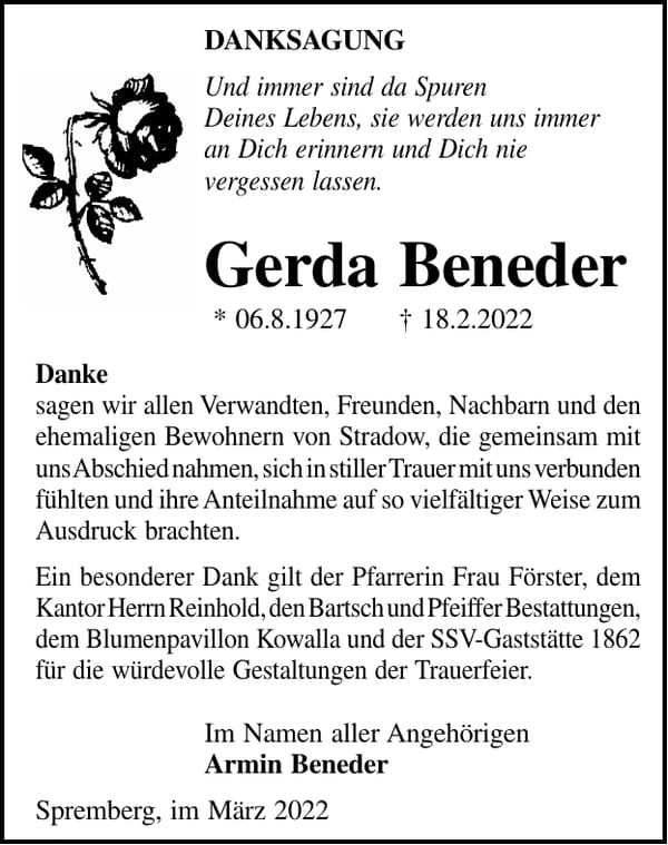 Danksagung Gerda Beneder