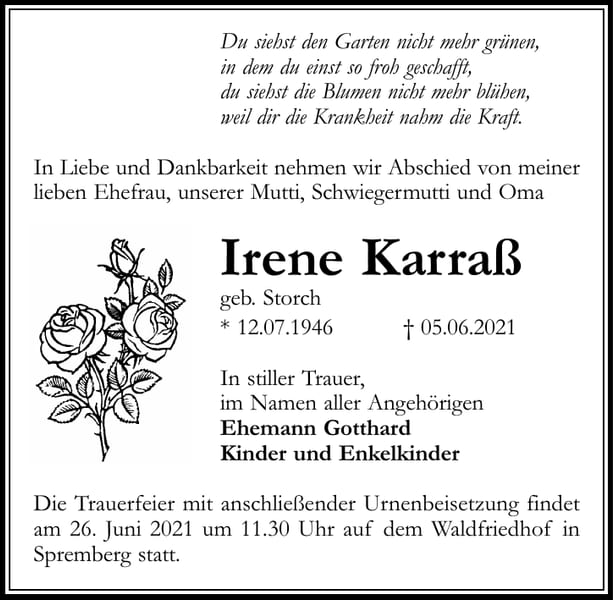 Traueranzeige Irene Karraß, geb. Storch