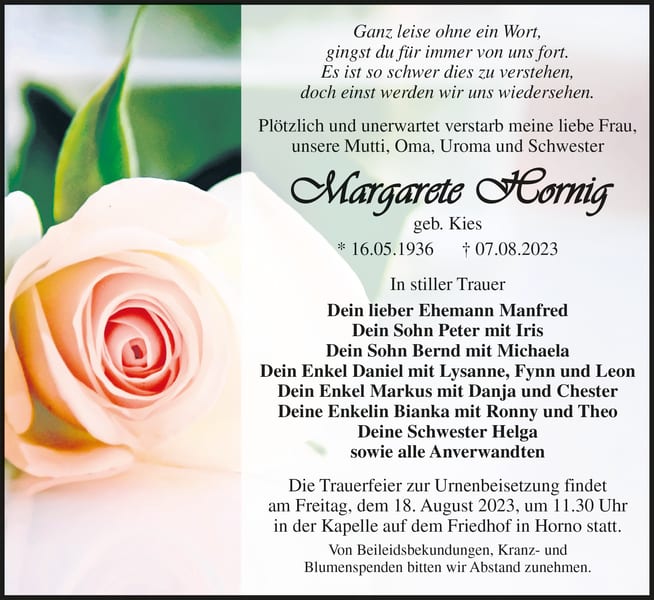 Traueranzeige Margarete Hornig, geb. Kies