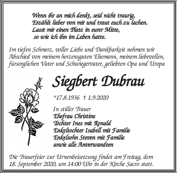 Traueranzeige Siegbert Dubrau