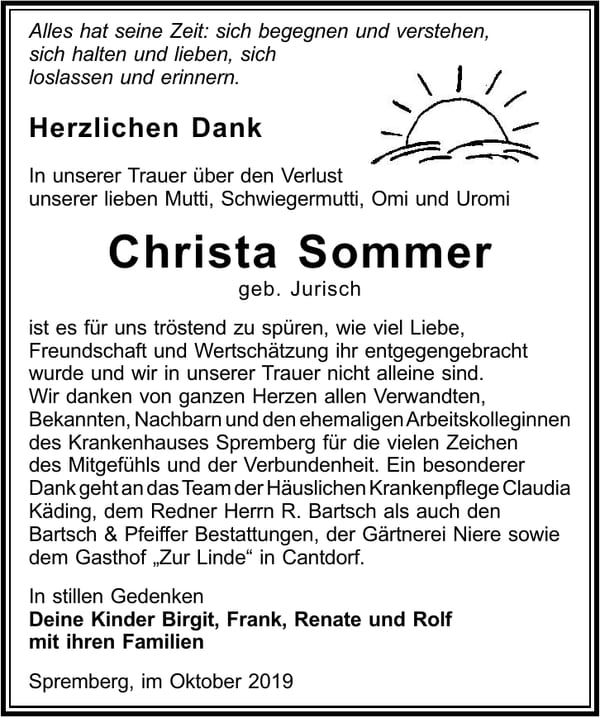 Danksagung Christa Sommer, geb. Jurisch