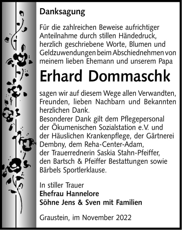 Danksagung Erhard Dommaschk