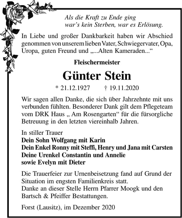Traueranzeige Günter Stein