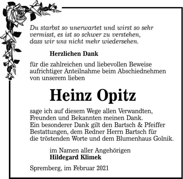 Danksagung Heinz Opitz