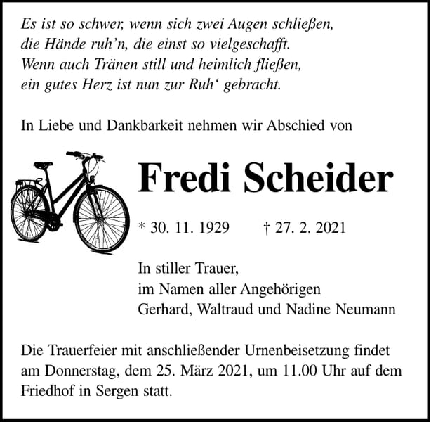 Traueranzeige Fredi Scheider
