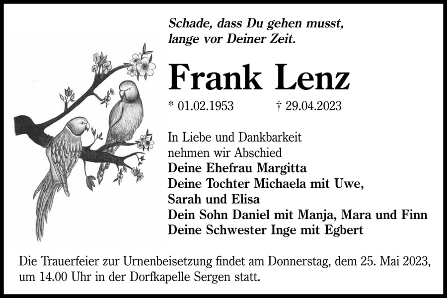 Traueranzeige Frank Lenz