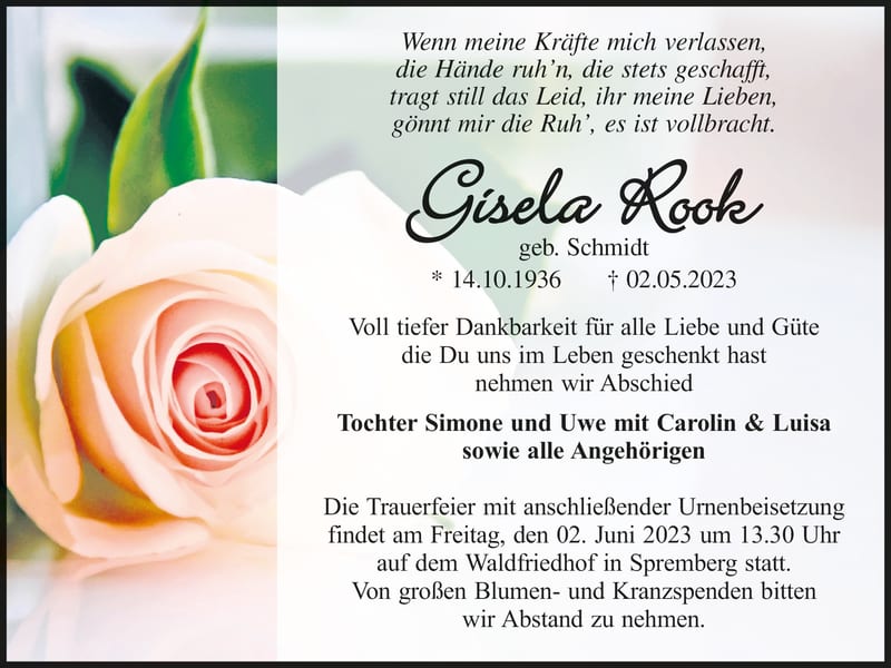 Traueranzeige Gisela Rook, geb. Schmidt