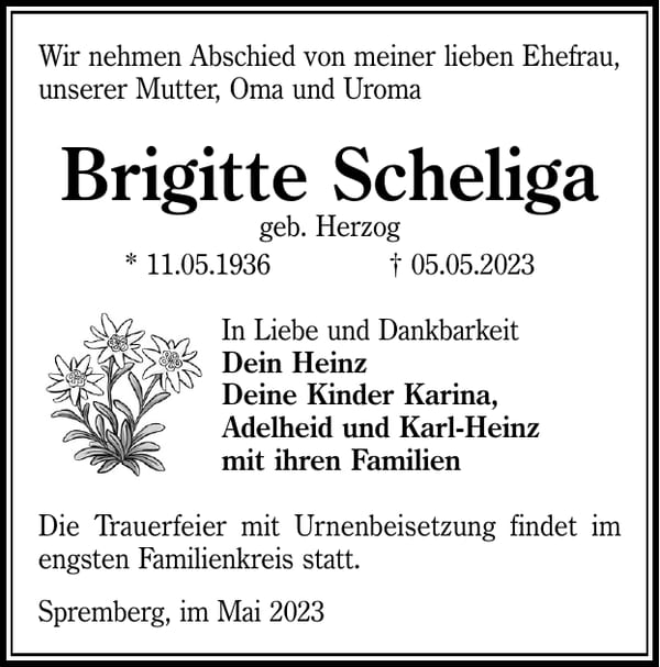 Traueranzeige Brigitte Scheliga, geb. Herzog