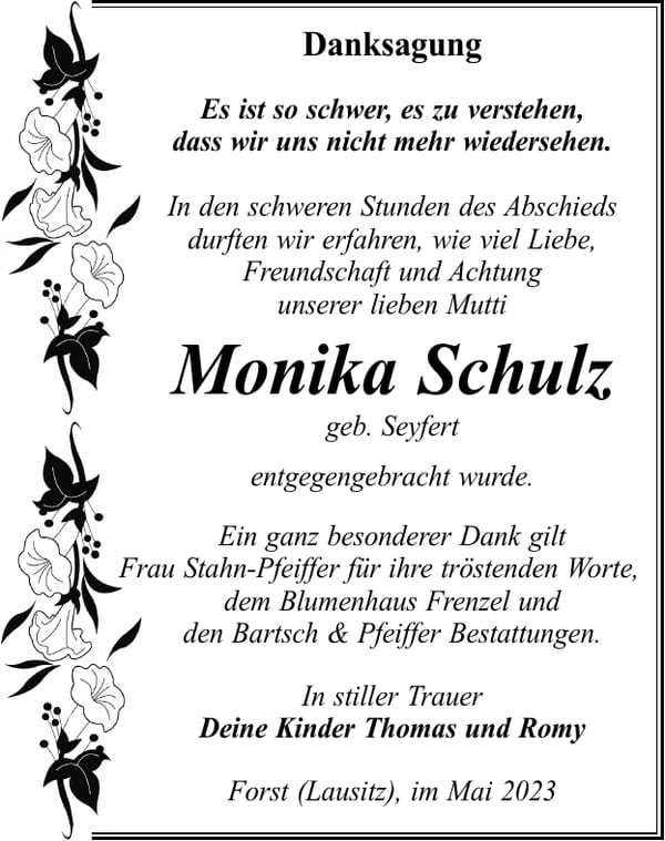 Danksagung Monika Schulz, geb. Seyfert