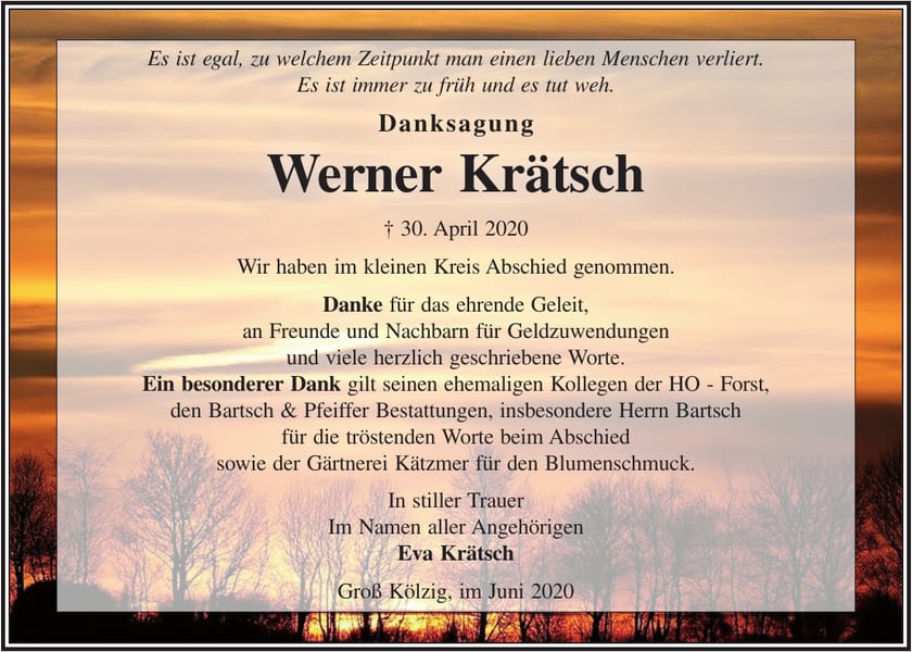 Danksagung Werner Krätsch