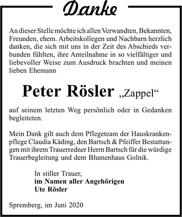 Danksagung Peter Rösler