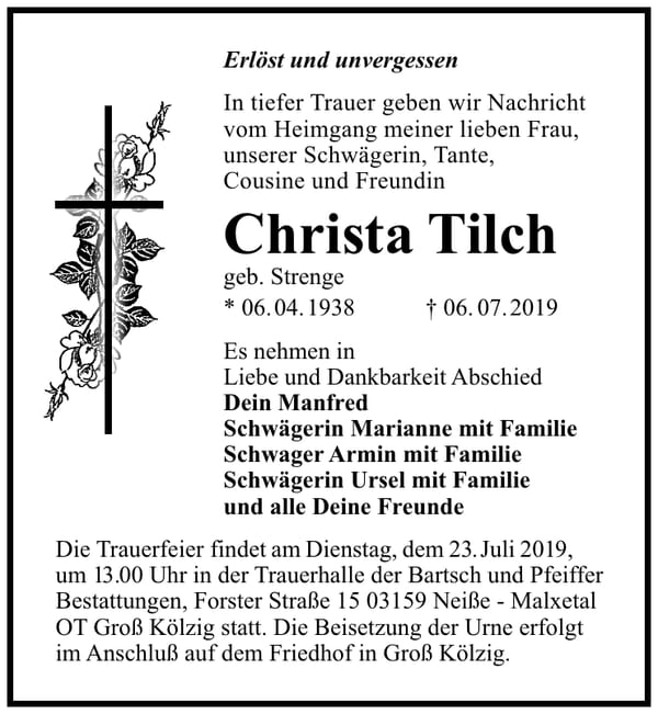 Traueranzeige Christa Tilch, geb. Strenge