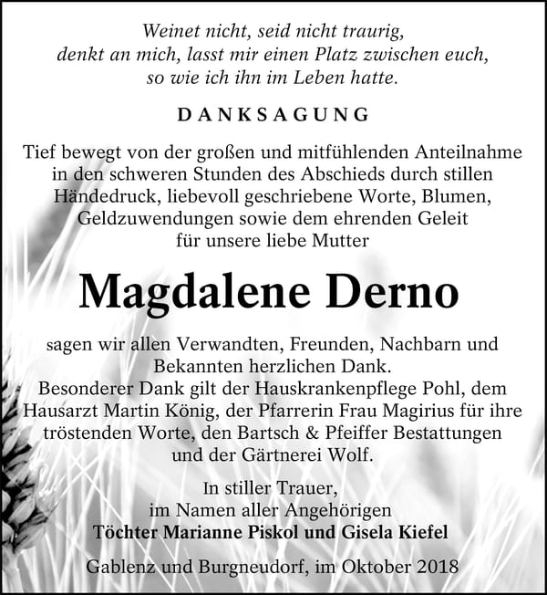 Danksagung Magdalene Derno