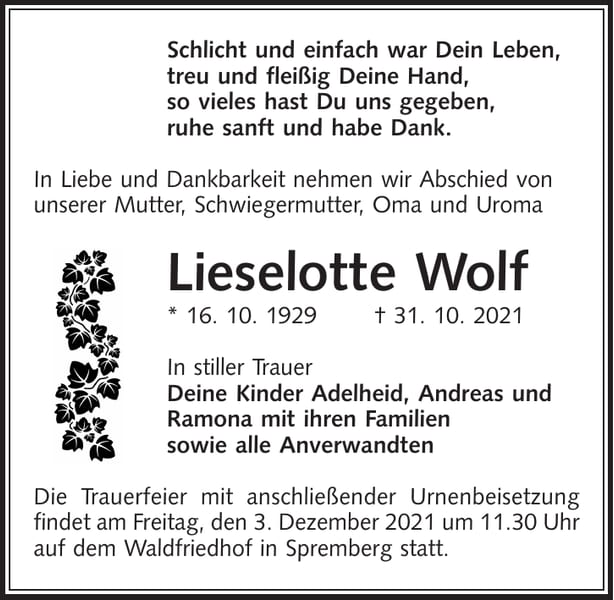 Traueranzeige Lieselotte Wolf
