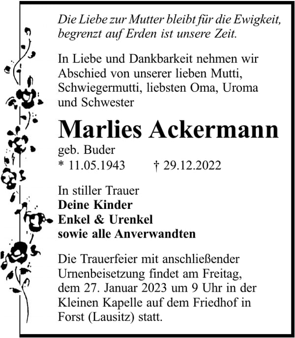 Danksagung Marlies Ackermann, geb. Buder