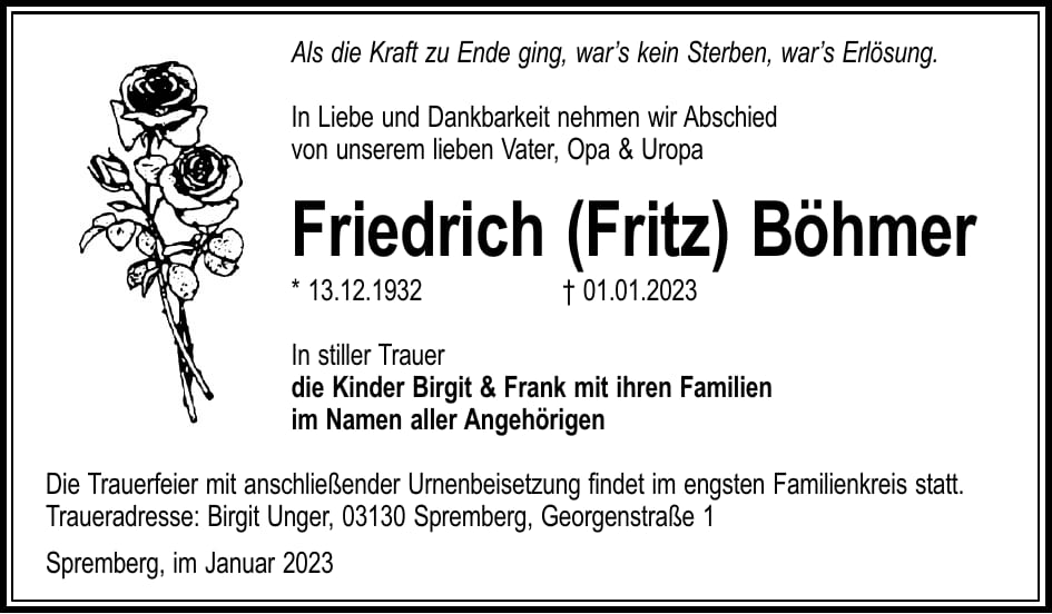 Traueranzeige Friedrich (Fritz) Böhmer