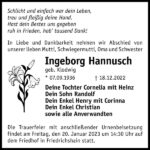Traueranzeige Ingeborg Hannusch, geb. Klodwig