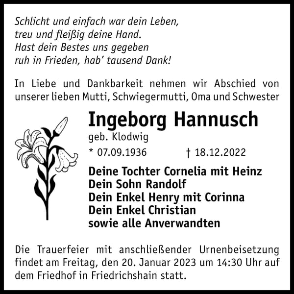 Traueranzeige Ingeborg Hannusch, geb. Klodwig