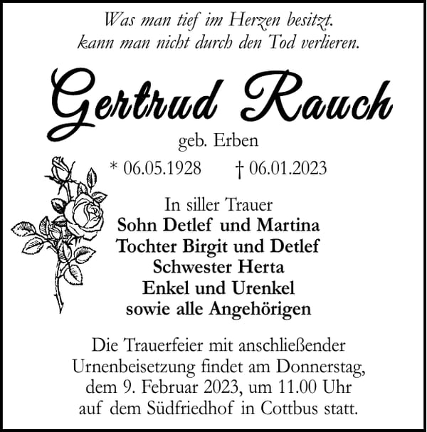 Traueranzeige Gertrud Rauch, geb. Erben