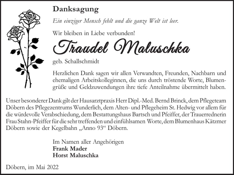 Danksagung Traudel Maluschka, geb. Schallschmidt