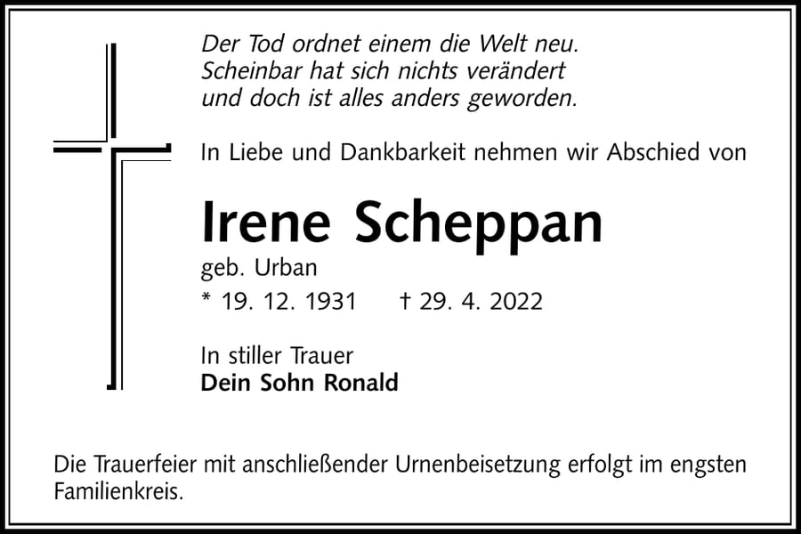Traueranzeige Irene Scheppan, geb. Urban