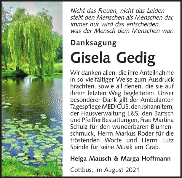 Danksagung Gisela Gedig