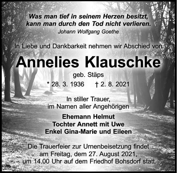 Traueranzeige Annelies Klauschke, geb. Stäps