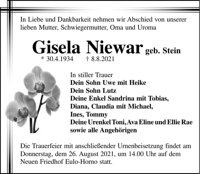 Traueranzeige Gisela Niewar, geb. Stein
