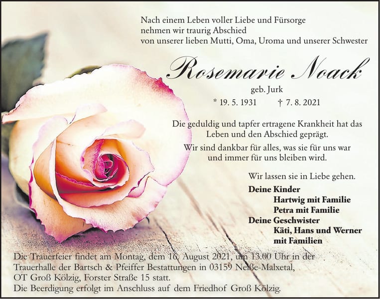 Traueranzeige Rosemarie Noack, geb. Jurk